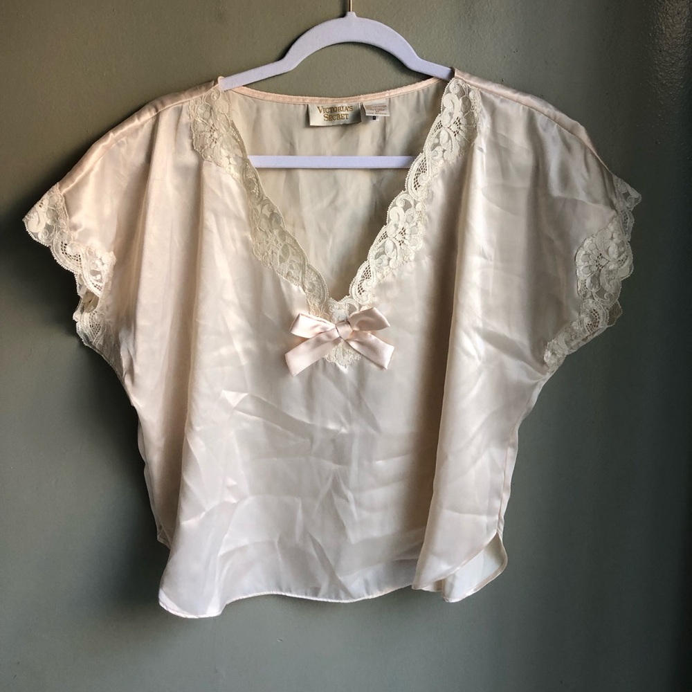 Victoria's Secret Satin Pajama Top Lace Trim Bow Short Sleeve Size: M